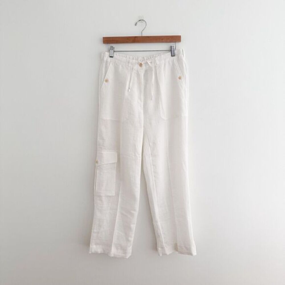 White 100% Linen Cargo Pants Utility Style Drawstring Waist Trousers Size S